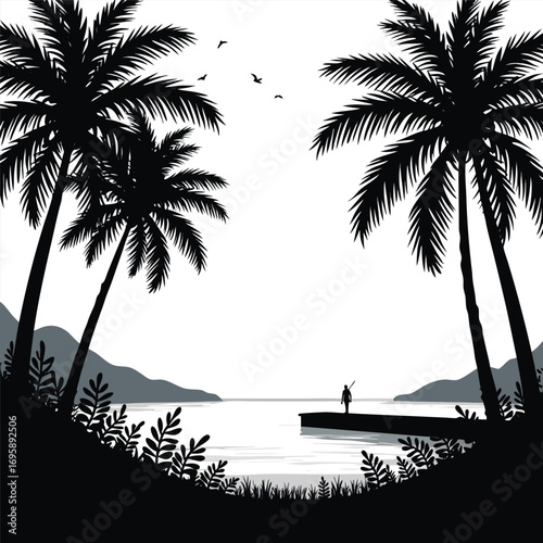 Lone figure on dock with surfboards amidst palm trees and mountains