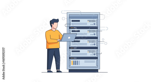 Male technician with a laptop performing maintenance on a server rack, representing cloud computing and network infrastructure concepts