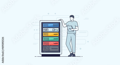 IT professional managing server rack with a tablet, a conceptual illustration of data center administration, cloud hosting, and network technology