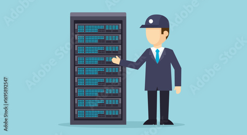Professional network administrator maintaining server room equipment. Flat vector illustration of an IT technician at work in a data center