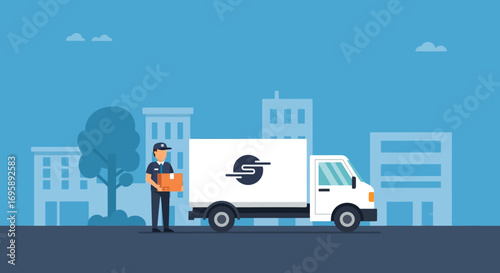 E-commerce delivery service concept showing a courier with a parcel and a cargo van for efficient order fulfillment and commercial distribution