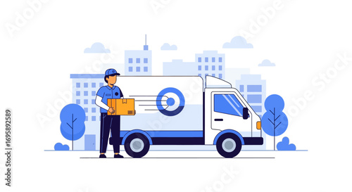 Vector illustration concept of a logistics and delivery service featuring a courier holding a package next to a cargo van with a city background
