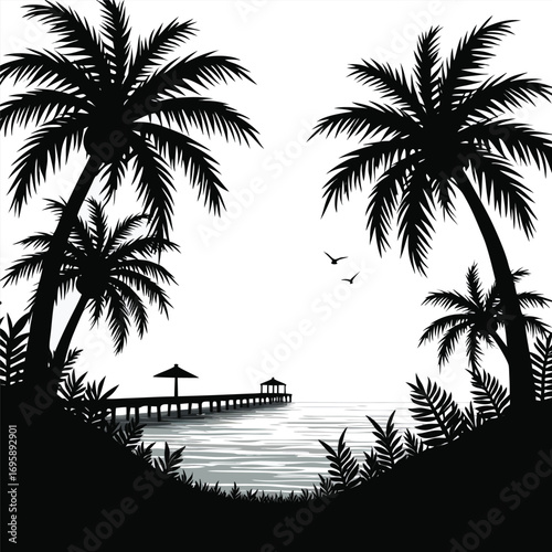 Palm trees framing a pier with umbrella on the ocean silhouette