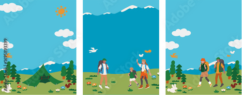 ハイキングや山登り、キャンプを楽しむ人物のベクターのインスタグラムサイズテンプレート Instagram-sized vector template featuring a person enjoying hiking, mountain climbing, and camping.