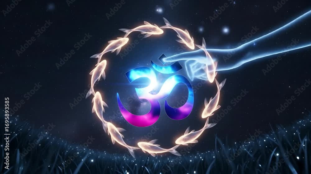 custom made wallpaper toronto digitalOm symbol animation radiates spirituality, with fish circling, energy flow, and hand touch, Ideal for yoga, meditation, relaxation, zen, religion, and holistic health visuals.