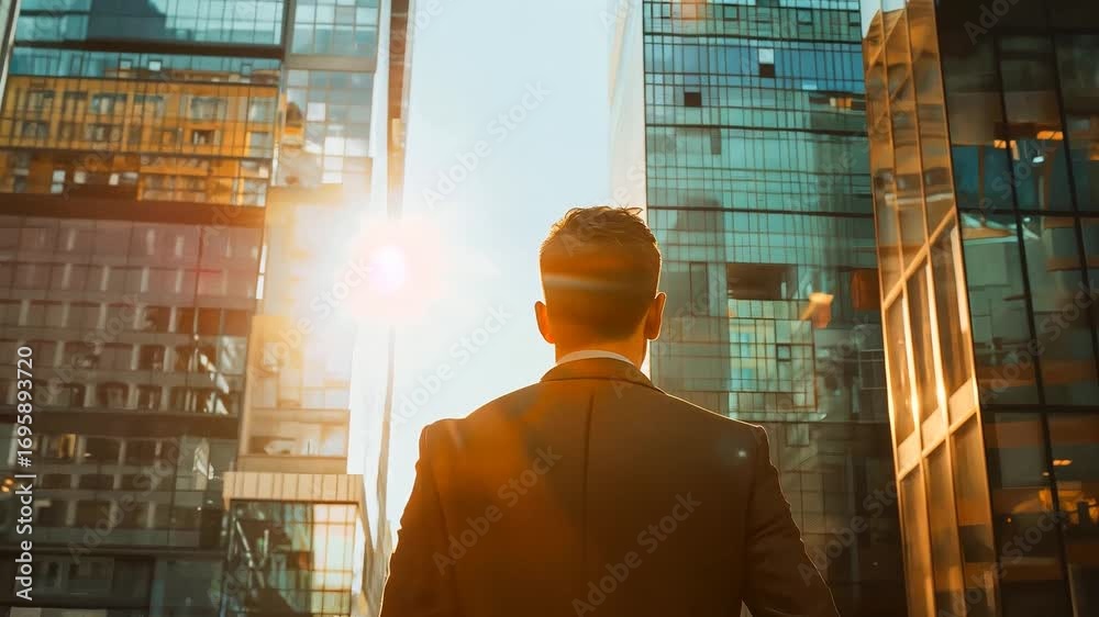 Hombre caminando hacia el futuro entre rascacielos al atardecer