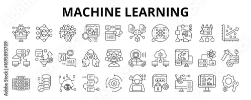 30 Machine Learning Line Icons Vector - Artificial Intelligence, Neural Network, Data Analysis, Classification, Cloud Computing, Database, IOT