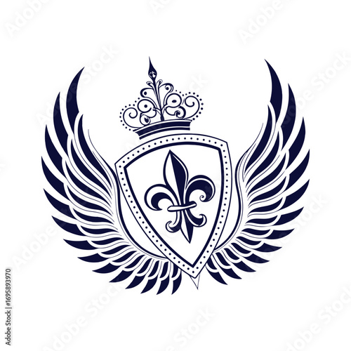 Royal fleur-de-lis crest with wings and crown, ideal for luxury logos, heraldic emblems, or noble decorative branding identity designs.