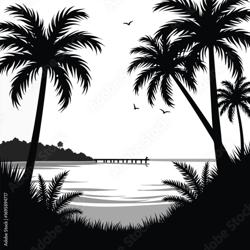 Silhouette of palm trees and a pier on a tropical beach