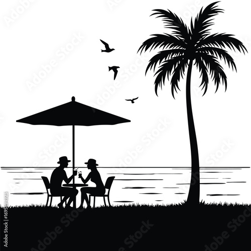 Silhouetted couple at beach cafe with palm tree table