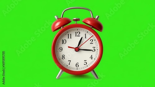 Red twin-bell alarm clock on a bright green background, showing about 10:10.