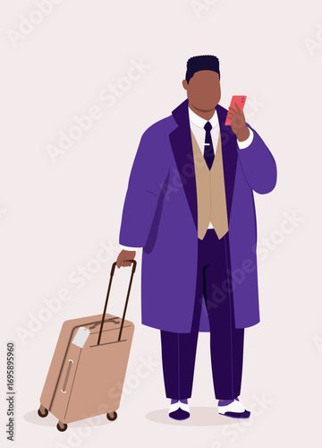 One Plus Size Black Businessman With Luggage Bag Checking At His Mobile Phone.