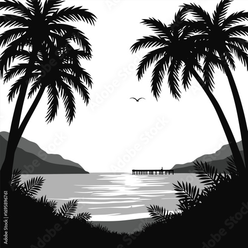 Tropical bay with palm trees, pier and distant mountains