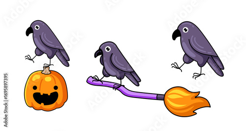 Black raven bird flying on witch broomstick, standing on Jack O'Lantern. Halloween graphic element. Cartoon character. Vector isolated illustration.