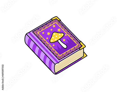 Mushroom botanical guide book. Witchcraft element. Cartoon vector illustration.
