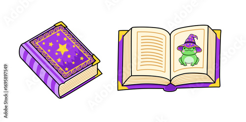 Mystical Magical Book. Spellbook, Ancient Manuscript, Old Tome. Cover is decorated with stars. Witchcraft element. Cartoon vector illustration.