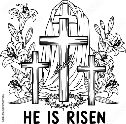 Christian Cross with Lilies Vector Set – Religious Easter Symbols with Shroud and Crown of Thorns for Easter Sunday Designs and Card