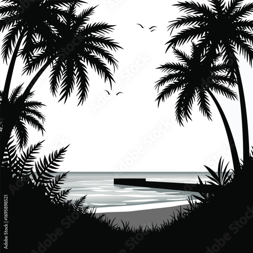 Tropical beach scene with palm trees and a pier silhouette