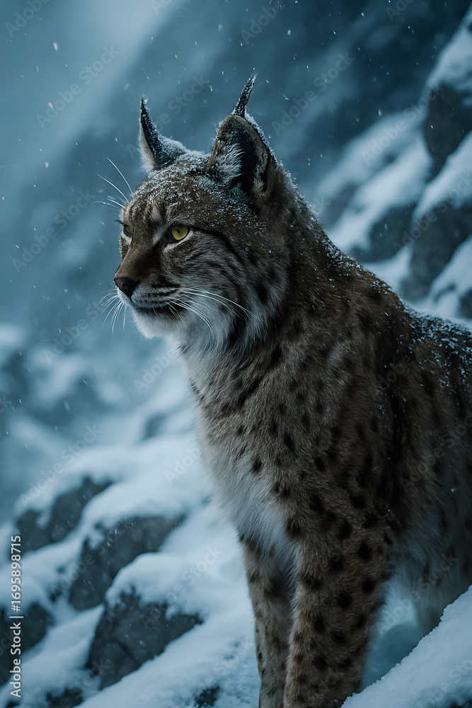 Fototapeta premium Eurasian lynx predator in snowy winter mountain landscape
