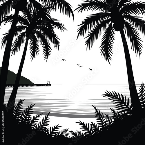 Tropical beach scene with palm trees and pier silhouette