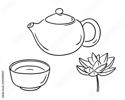 Teapot, tea cup and lotus flower hand drawn in minimalist doodle style. Concept of traditional tea ceremony and peaceful relaxation