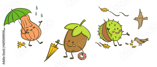 Cute autumn characters including squash, acorn and chestnut with umbrellas and birds. Concept of seasonal change, harvest joy and whimsical fall atmosphere