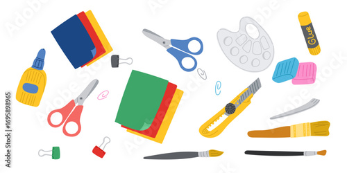 Colorful set of crafting tools and stationery items for creative DIY projects. Concept of art, education and handmade hobbies with essential supplies