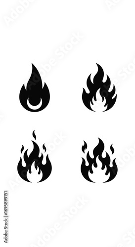 Four distinct styles of fiery flames representing heat and burning energies