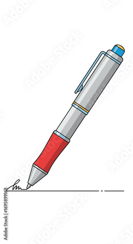 A sleek modern silver and red ballpoint pen writing a signature on a white background