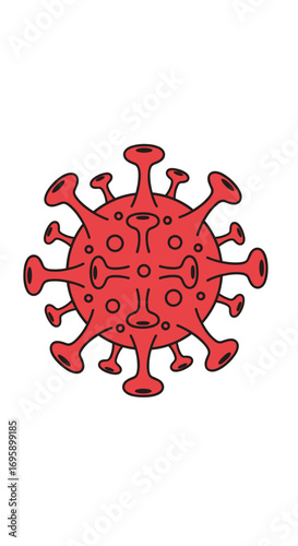 Illustration of a red virus particle with spikes on a white background representing a pandemic threat