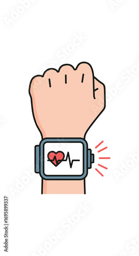 Human hand wearing a smartwatch displaying a healthy heartbeat pulse graph with a red glowing alert on the side