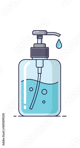 A clear plastic pump bottle filled with blue liquid hand sanitizer with bubbles and a drop falling from the spout