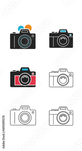 Collection of six different camera icons illustration flat design style