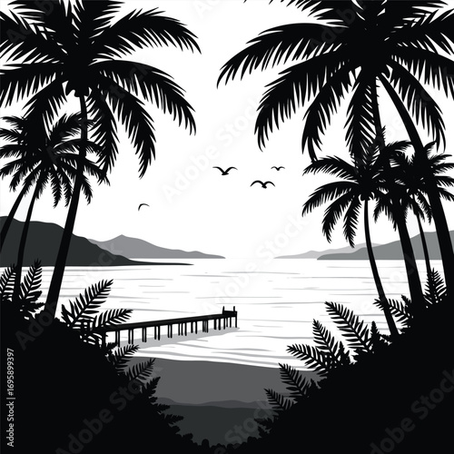 Tropical beach scene with palm trees and pier silhouette