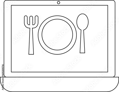 laptop icon and plate and spoon fork icon with white background