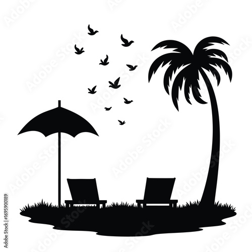 Tropical beach silhouette with palm tree and chairs Keywords: beach, silhouette, palm tree