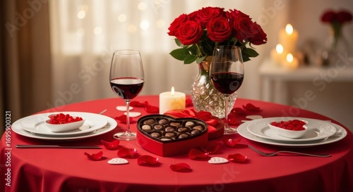 A cozy Valentine’s dinner setup has a red tablecloth, porcelain plates, a heart-shaped chocolate box, wine glasses, and roses.