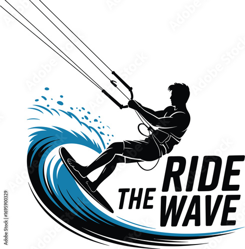 Kitesurfing Silhouette Vector Illustration of Extreme Water Sport on the Wave