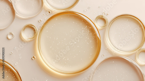 Minimalist Golden Liquid Drops Pattern Forming Circles with Bubbles on Beige