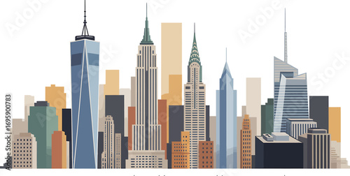 New York City Skyline Vector Illustration with Famous Buildings and Urban Landscape