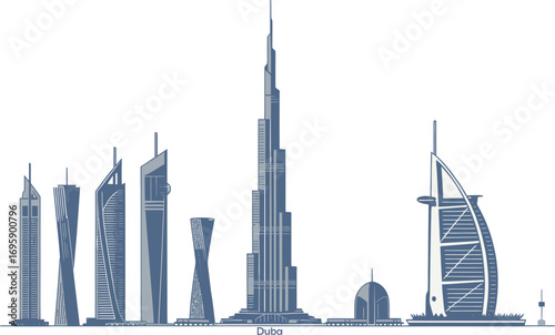 Detailed Dubai Skyline Vector Illustration with Iconic Landmarks and Modern Architecture Design