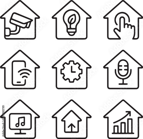 Modern smart home icons representing security, lighting, control, connectivity, automation, audio, and growth