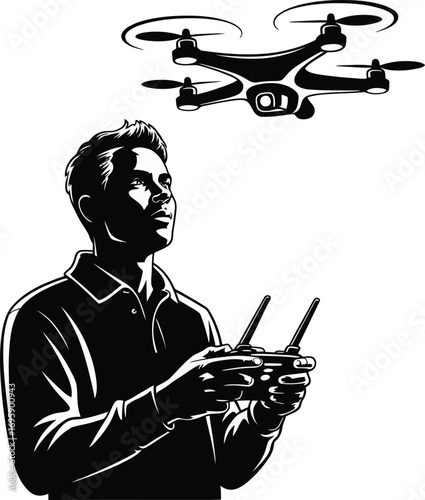 Drone Pilot Silhouette Controlling UAV Device with Remote Controller on Transparent Backdrop