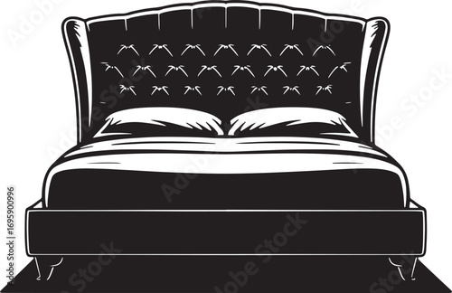 Elegant Bed with Tufted Headboard and Pillows on Transparent Background for Interior Design