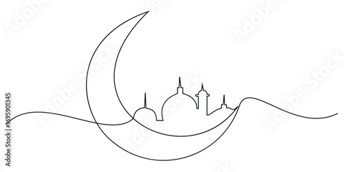 Crescent moon and mosque continuous one line drawing. Hand drawn Editable stroke. Vector illustration.