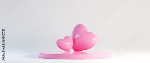 Glossy pink 3d heart shapes with podium for romantic display - romantic forms on circular platform showcase against white studio room background. Valentine day or love themed product presentation.