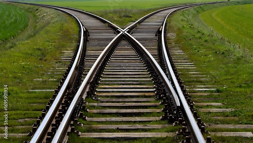 Two diverging railway tracks crossing each other in a green grassy landscape symbolizing choice and direction