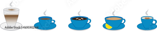 2D Coffee Icon Set – Cappuccino, Espresso, Latte, Tea and Hot Chocolate