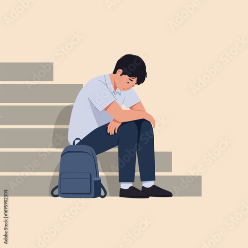 vector illustration of a student sitting on stairs with head down, showing sadness and depression