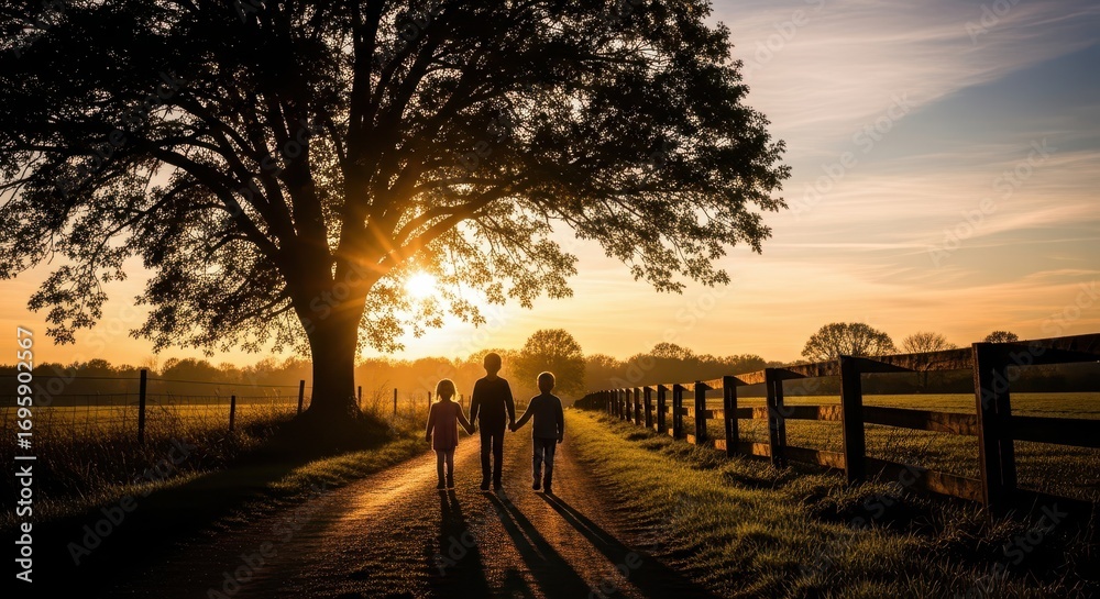 Fototapeta premium Children Walking Towards Sunset on Country Road